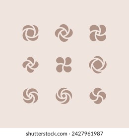 Rose flower with spiral element. Set of 9 geometric shape. Modern linear design print.  Modern abstract linear compositions and graphic design elements.