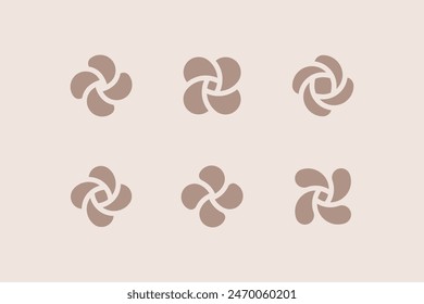 Rose flower with spiral element. Set of 6 geometric shape. Modern linear design print.  Modern abstract linear compositions and graphic design elements.