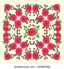 Rose flower square composition. Country style. Floral meadow enchanting background for scarf print, textile, covers, surface, scrapbooking, decoupage. Bandana design.