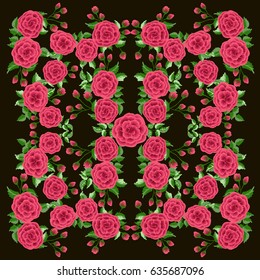 Rose flower square composition. Country style. Floral meadow enchanting background for scarf print, textile, covers, surface, scrapbooking, decoupage. Bandana design.