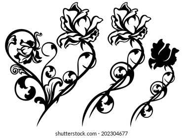 Rose flower and stem floral decorative elements - black and white vector design set