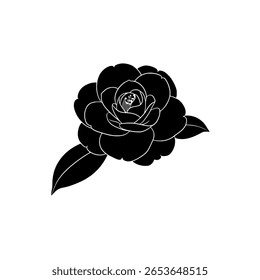 Flor de rosa com caule e folhas em um desenho de arte de linha simples. Ícone de esboço para convites de amor, romance, beleza ou casamento.