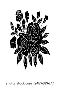 Diseño de esténcil de flor de rosa. Siluetas negras de flores sobre fondo blanco. Ilustración aislada de la flor del Vector. Ilustración dibujada a mano convertida en Vector.