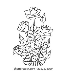 rose flower stylish trendy vector line art coloring page with leaves