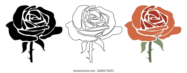 Rose flower symbol, icon, drawing in different styles. June birth month flower vector illustrations set isolated on white background