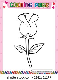 Rose flower. Valentine's day. Coloring page for kids. Activity Book.