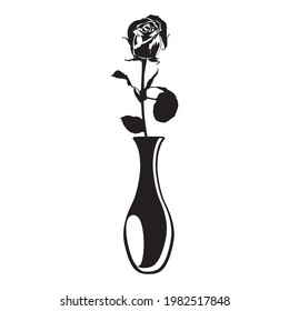Rose flower in vase black silhouette, vector isolated illustration. Blooming garden flower for greeting card, invitation, poster, banner.