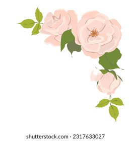 Ramo vectorial de flores de rosa, composición de esquina, elemento de diseño aislado en fondo blanco. Rosas blancas y cremas de estilo plano. Elemento para el diseño de invitaciones a bodas.