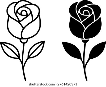Rose flower vector icon, outline and silhouette, for plant or nature design, isolated on transparent background