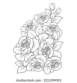 rose flower vector illustration with rose bouquet blooming petal for adult coloring page. black and white rose flower isolated on white background. hand drawn floral bunch with roses
