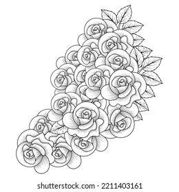 rose flower vector illustration with rose bouquet blooming petal for adult coloring page. black and white rose flower isolated on white background. hand drawn floral bunch with roses 
