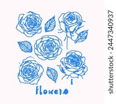 Rose flower vector illustration. Poster design. Floral clipart. Botanical art. Modern blue vibrant color sketch artistic. 