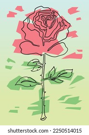 Rose flower vector line illustration, continous line drawing, colored background, minimalistic design
