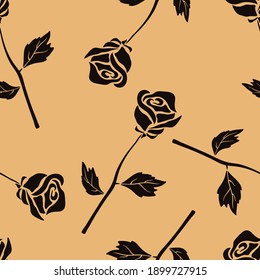 Rose flower vector seamless pattern in old retro style. Vintage pattern minimal design on craft paper. Rose repeat texture on craft paper. Floral wallpaper. blooming flowers and leaves silhouette. 
