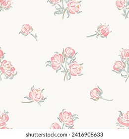 Rose Flower Vector Seamless Pattern. Flowers and Leaves. Pink Roses. Vintage Floral Background. Shabby chic Wallpaper. Millefleurs Liberty Style Design.