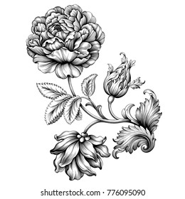 Flor rosa vintage Barroco vitoriano ornamento floral moldura borda folha rolagem gravada retro design decorativo tatuagem preto e branco filigrana vetor caligrana