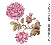 Rose flower vintage pink Baroque Victorian floral ornament frame border golden leaf scroll engraved red retro pattern decorative design tattoo botany filigree calligraphic vector 