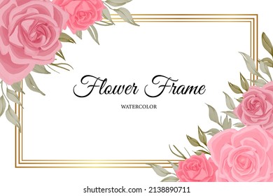 rose flower watercolor background with golden frame