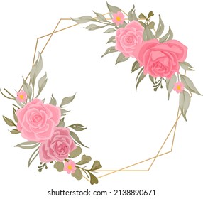 rose flower watercolor frame with golden geometric line decoration