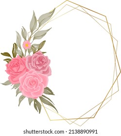 rose flower watercolor frame with golden geometric line decoration