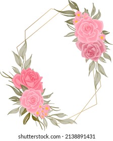 rose flower watercolor frame with golden geometric line decoration
