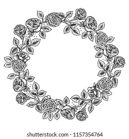 Rose Flower Wreath Frame Engraving Vector Illustration. Scratch Board Style Imitation. Black And White Hand Drawn Image.