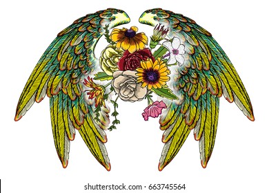 Rose and flowers with angel or bird wings. Vintage floral. Highly detailed blackwork tattoo flash concept isolated on white. Wings and blooming lily, roses drawing in feminine style. Vector.