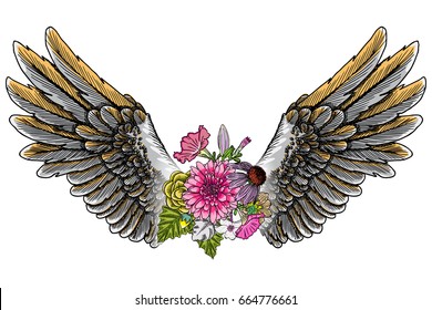 Rose and flowers with angel or bird wings. Vintage floral. Highly detailed blackwork tattoo flash concept isolated on white. Wings and blooming lily, roses drawing in feminine style. 