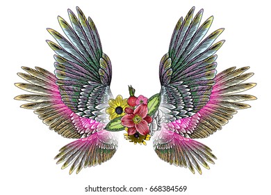 Rose and flowers with angel or bird wings. Vintage floral. Highly detailed blackwork tattoo flash concept isolated on white. Wings and blooming lily, roses drawing in feminine style. Vector.