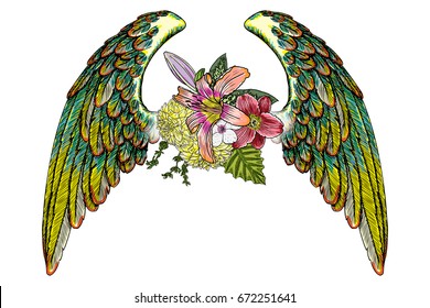 Rose and flowers with angel or bird wings. Vintage floral. Highly detailed blackwork tattoo flash concept isolated on white. Wings and blooming lily, roses drawing in feminine style. Vector.