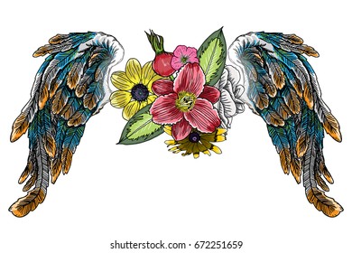 Rose and flowers with angel or bird wings. Vintage floral. Highly detailed blackwork tattoo flash concept isolated on white. Wings and blooming lily, roses drawing in feminine style. Vector.