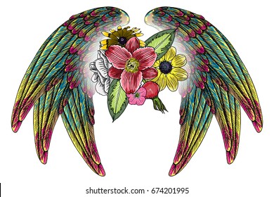 Rose and flowers with angel or bird wings. Vintage floral. Highly detailed blackwork tattoo flash concept isolated on white. Wings and blooming lily, roses drawing in feminine style. Vector.