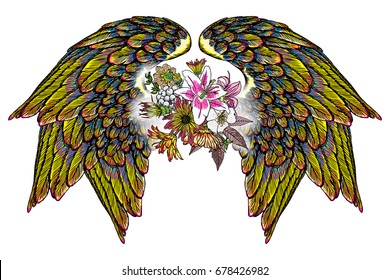 Rose and flowers with angel or bird wings. Vintage floral. Highly detailed blackwork tattoo flash concept isolated on white. Wings and blooming lily, roses drawing in feminine style. Vector.