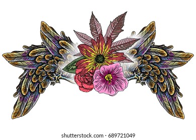 Rose and flowers with angel or bird wings. Vintage floral. Highly detailed blackwork tattoo flash concept isolated on white. Wings and blooming lily, roses drawing in feminine style. Vector.