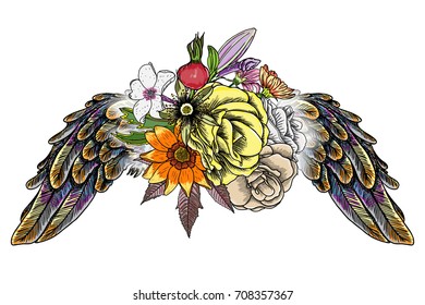 Rose and flowers with angel or bird wings. Vintage floral. Highly detailed blackwork tattoo flash concept isolated on white. Wings and blooming lily, roses drawing in feminine style. Vector.