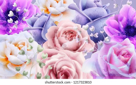 Rose flowers background watercolor Vector. Beautiful vintage pastel colors floral decors banner