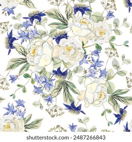 Flores de rosa, campanarios, clematis azul, hojas verdes, fondo blanco. Ilustración floral. Vector sin patrón. Diseño botánico. Jardín de plantas naturales. Ramos de boda románticos