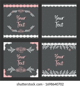 Rose Flowers Blackboard Card Frames Template set. Elements design for celebration, card, wedding, invitation, and more. Combination sweet colors of, dark gray, white, and pink.