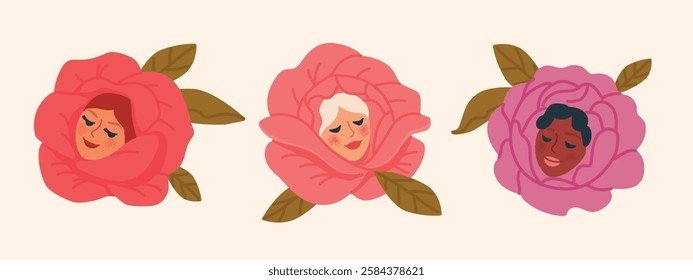 Rose flowers. Blossom with beautiful female faces. Flower bloom with beautiful women portraits. Various pretty young ladies. Stylish characters. Hand drawn Vector illustration. Abstract modern art