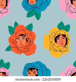 Rose flowers. Blossom with cute female faces. Flower bloom with beautiful women portraits. Various pretty young ladies. Stylish characters. Hand drawn Vector seamless Pattern. Blue background
