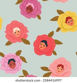 Rose flowers. Blossom with cute female faces. Flower bloom with beautiful women portraits. Various pretty young ladies. Stylish characters. Hand drawn Vector seamless pattern. Blue background