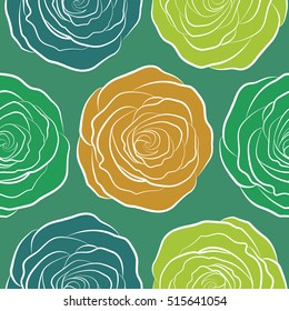 Rose flowers in blue, green and yellow colors, abstract, stylized with watercolor effect. Seamless pattern can be used as greeting card, invitation card for wedding, birthday and any other holidays.