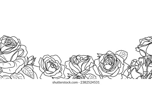 Rose flowers border line art vector illustration.