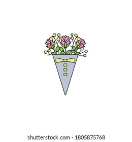 Rose flowers bouquet in triangle box packaging - flat color line icon on isolated white background. Bunch of flowers in a container - vector illustration in simple linear design.