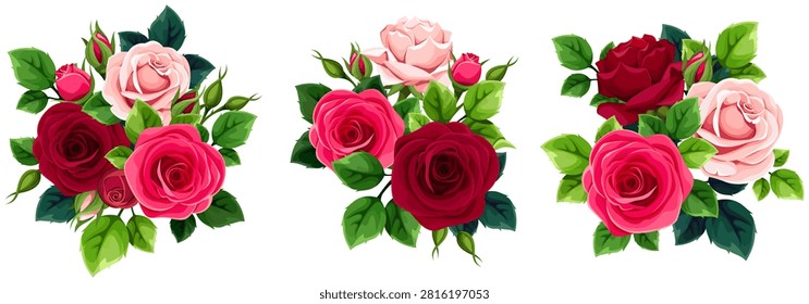Rose flowers. Bouquets of red and pink roses isolated on a white background. Set of vector illustrations. Hand-drawn illustration, not AI