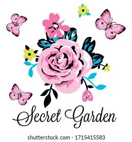 Rose flowers butterfly and text slogan  on white background vector illustration print for girl t-shirt 