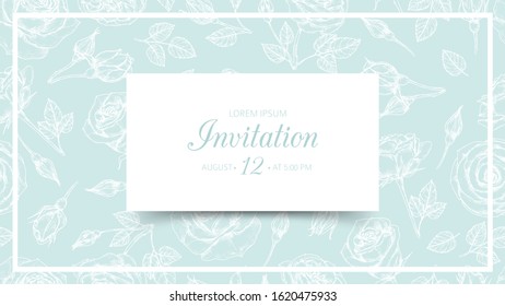 Rose flowers card. Sketch floral seamless pattern. Vintage hand drawn vector background for wedding, birthday or engagement