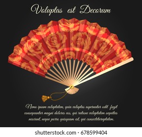 Rose flowers chinese folding fan poster. Opened fan with roses pattern vector isolated on black background