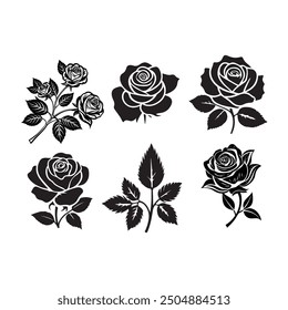 Colección de flores de rosa, conjunto de rosa decorativa con hojas. Silueta de la flor. Ilustración vectorial