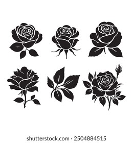 Rose flowers Collection, Set of decorative rose with leaves. Flower silhouette. Vector illustration